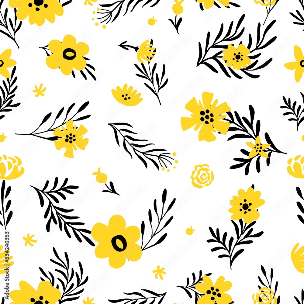 Fototapeta premium Yellow flower pattern. Doodle spring background with floral elements. Summertime fabric vector seamless texture. Spring floral pattern, flower yellow summer illustration