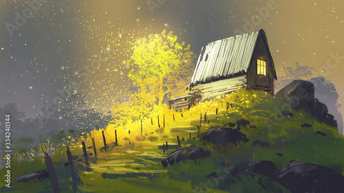 Fototapeta Naklejka Na Ścianę i Meble -  fantastic landscape showing pathway to the house on a hill, digital art style, illustration painting