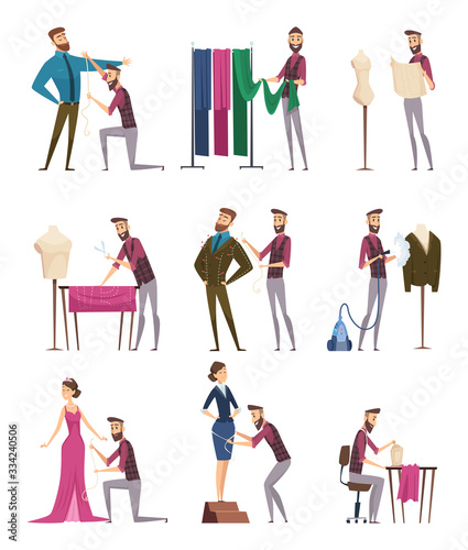 Tailor characters. Fabric sewing workings in atelie dressmaker people vector cartoon illustrations. Craft atelier  character dressmaker  sewing and dressmaking