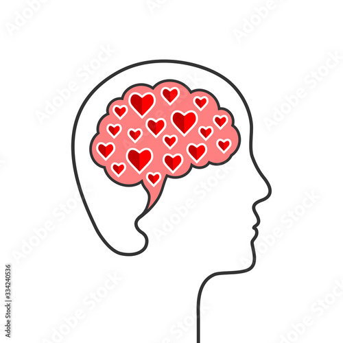 Fototapeta Naklejka Na Ścianę i Meble -  Profile and brain outline with red heart shapes inside