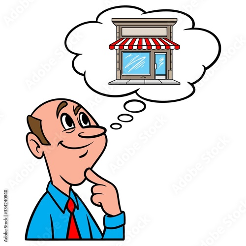 Thinking about starting a Business - A cartoon illustration of a man thinking about starting a new Business.
