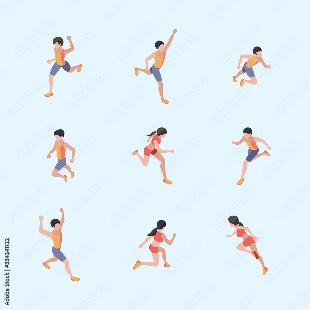Marathon runners. Sport healthy lifestyle people running vector isometric characters. Run girl and boy, male person runner illustration