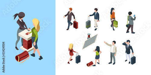 Travel people isometric. Touristic persons family couples businessman with bag 3d luggage vector characters. Travel with bag  man and woman isometric illustration