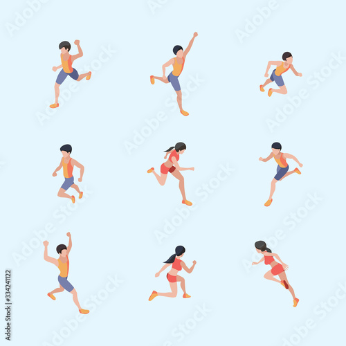Marathon runners. Sport healthy lifestyle people running vector isometric characters. Run girl and boy  male person runner illustration