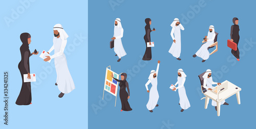 Arab isometric. Dubai man saudi woman business people arabian entrepreneur characters vector illustrations. Business muslim people, woman in hijab leader