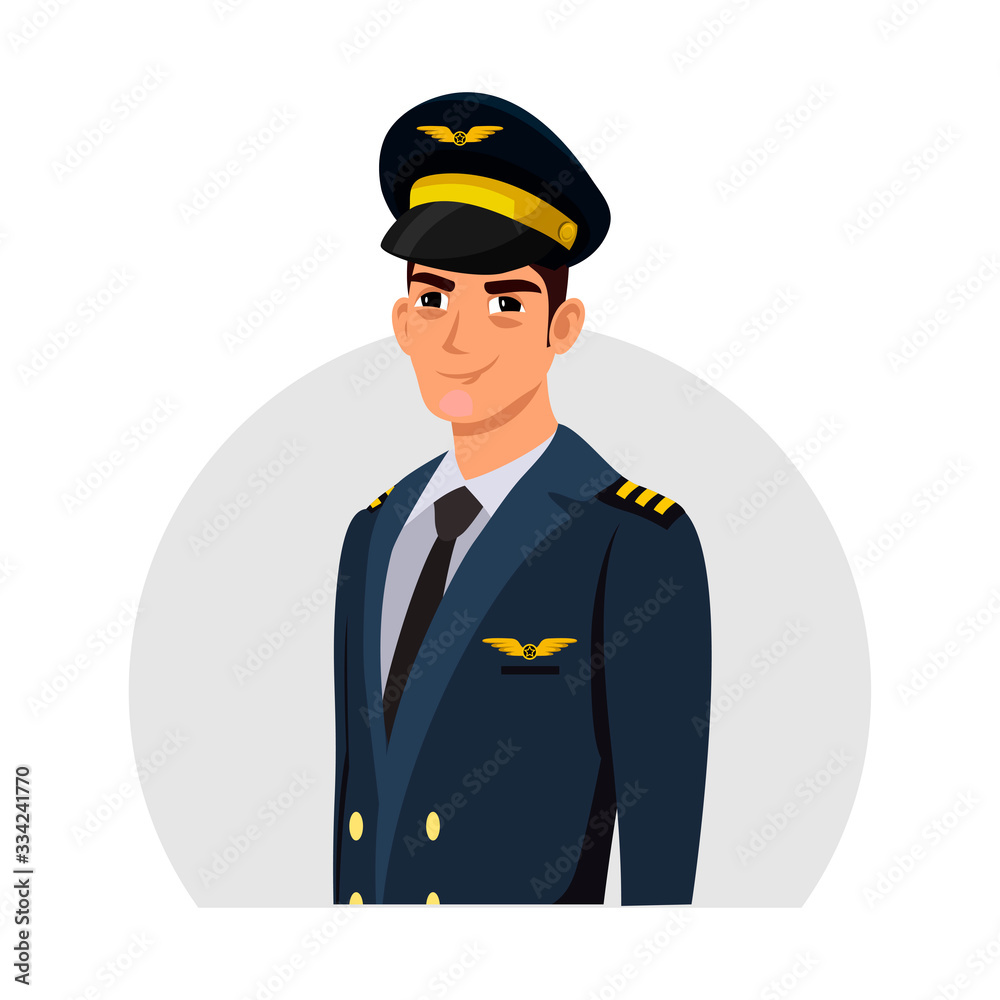 Smiling man airline pilot in hat, uniform avatar