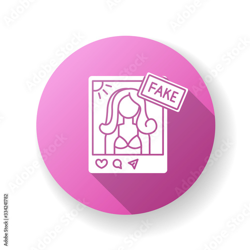 Fake influencer pink flat design long shadow glyph icon. Fraud blogger profile. Mislead with photo in account. Deception with social media page. Female model. Silhouette RGB color illustration