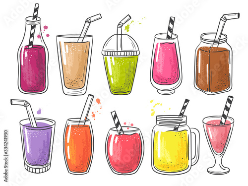 Summer smoothie. Fruits cold healthy drinks vitamin juice vector shake illustration. Smoothie shake drink, cocktail fruit summer