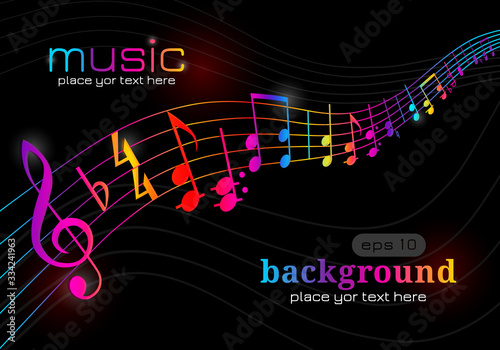 Music notes. Musical symphony. Waving melody. Stylish notes and wave line on black background. Music elements and symbols for design prints. Tune notes and clef on waves swirl. Vector