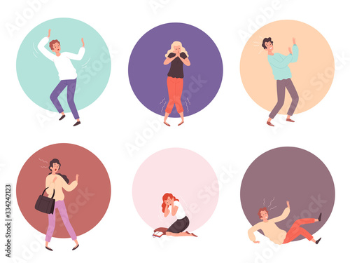 Scared people. Horrified attack characters in action poses reaction on face scared emotions vector persons. Scared person, panic and phobia, fear afraid illustration