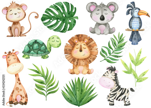 big watercolor set of tropical animals and leaves on white background © ekkoss