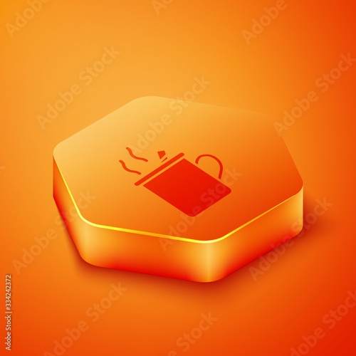 Isometric Mulled wine with glass of drink and ingredients icon isolated on orange background. Cinnamon stick, clove, lemon slice. Orange hexagon button. Vector Illustration