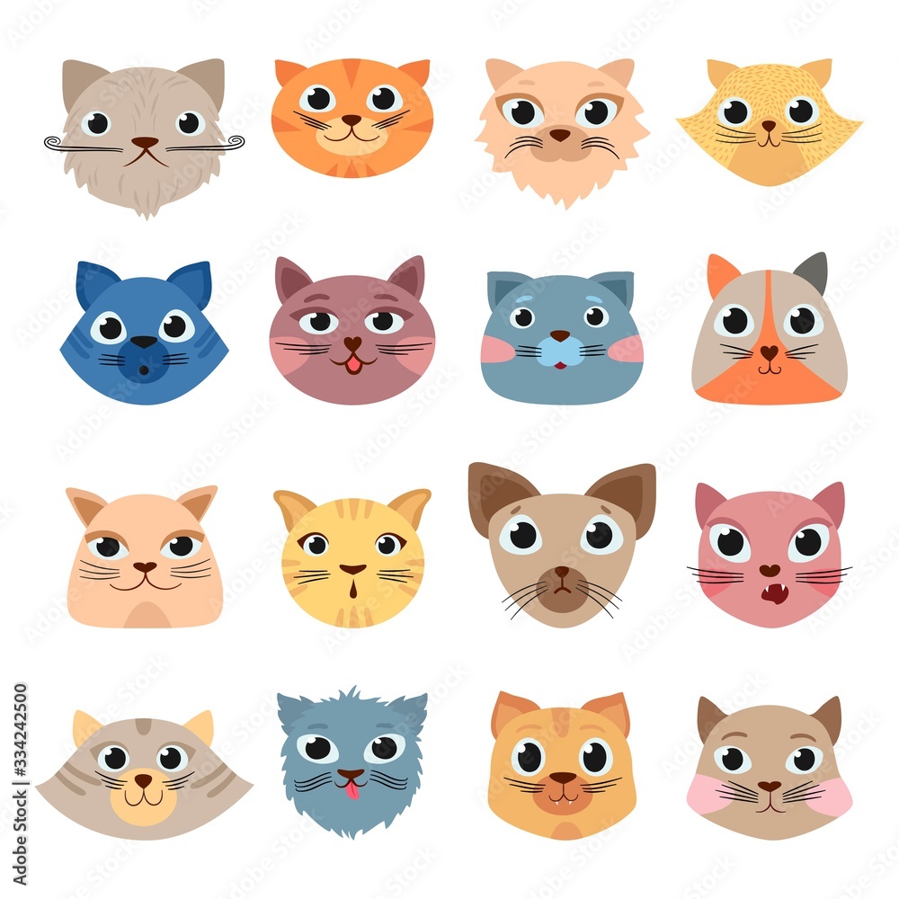 Cats heads. Cute funny domestic animals colored heads happy faces  expressive emotions vector set. Cat animal, pet funny set face illustration  #2823925