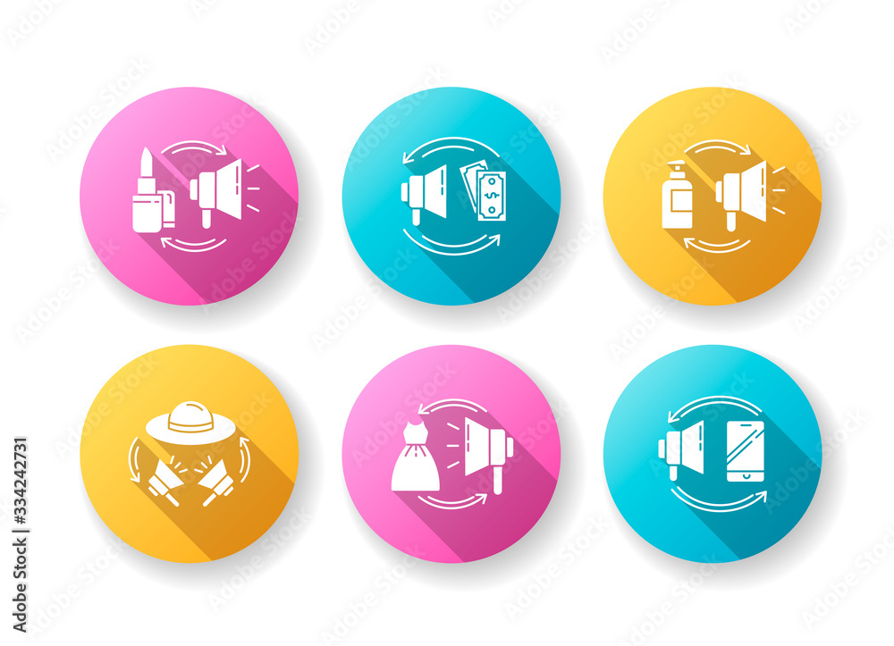 Promotion flat design long shadow glyph icons set. Barter as digital marketing strategy. Buy advertisement with money. Exchange product for exposure. Silhouette RGB color illustration Promotion flat design long shadow glyph icons set. Barter as digital marketing strategy. Buy advertisement with money. Exchange product for exposure. Silhouette RGB color illustration