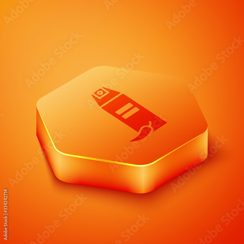 Isometric Pepper spray icon isolated on orange background. OC gas. Capsicum self defense aerosol. Orange hexagon button. Vector Illustration