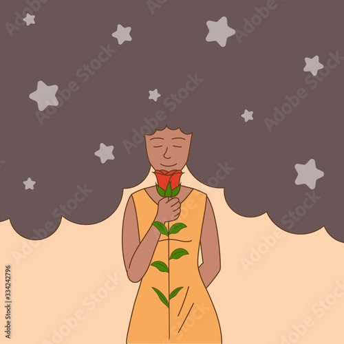 Woman in casual dress with stars in hair holding rose in hands. Flower day, women day banner design concept.
