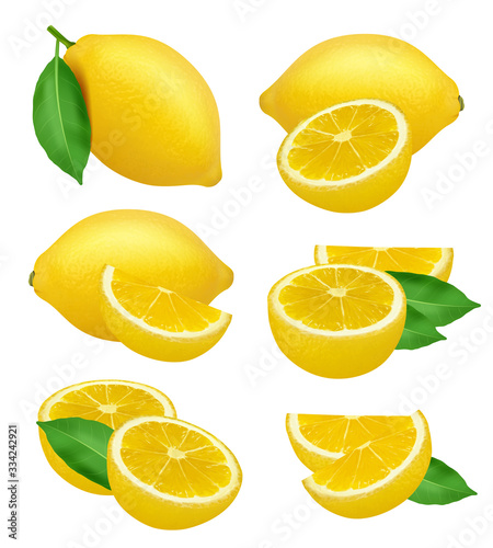 Lemons realistic. Fruits slices citrus natural products yellow vector natural food lime. Illustration lemon fruit and citrus tropical vitamin C