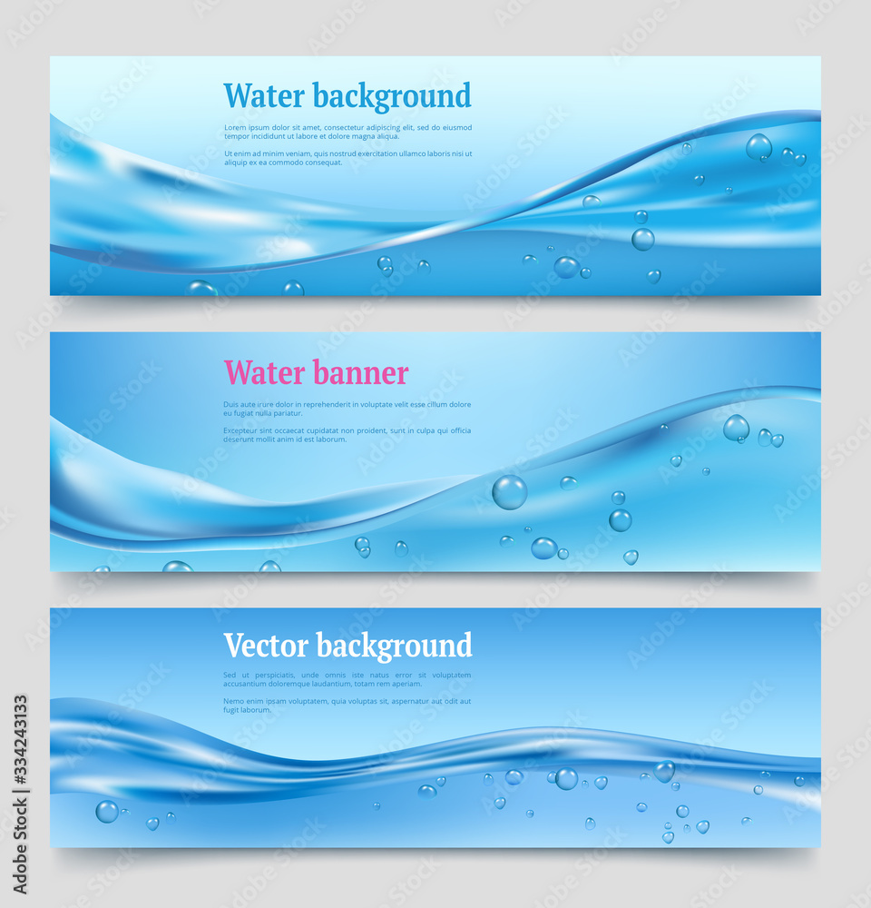Water splashes banners. Liquid flowing waters with bubbles water purifier vector clean eco concept. Liquid water blue wave, banner flowing motion illustration