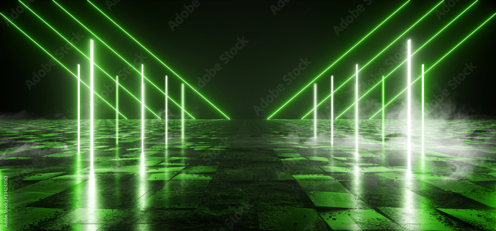 Smoke Sci Fi Alien Triangle Futuristic Background Empty Rough Concrete Cement Tiled Texture Glowing Green Laser Neon Lights Cyber Synthwave Warehouse Underground 3D Rendering Smoke Sci Fi Alien Triangle Futuristic Background Empty Rough Concrete Cement Tiled Texture Glowing Green Laser Neon Lights Cyber Synthwave Warehouse Underground 3D Rendering