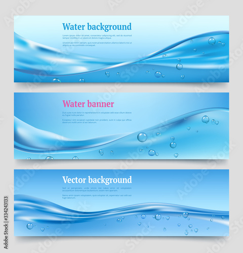 Water splashes banners. Liquid flowing waters with bubbles water purifier vector clean eco concept. Liquid water blue wave, banner flowing motion illustration
