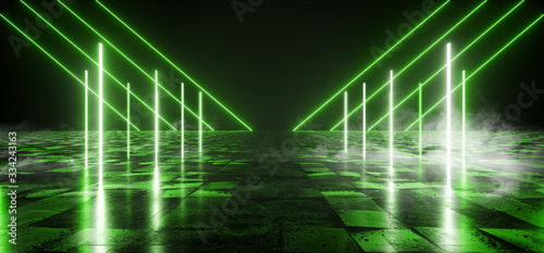 Smoke Sci Fi Alien Triangle Futuristic Background Empty Rough Concrete Cement Tiled Texture Glowing Green Laser Neon Lights Cyber Synthwave Warehouse Underground 3D Rendering