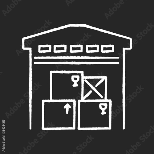 Warehousing chalk white icon on black background. Merchandise storage, storehouse building, stockroom exterior. Industrial premises, factory floor. Isolated vector chalkboard illustration