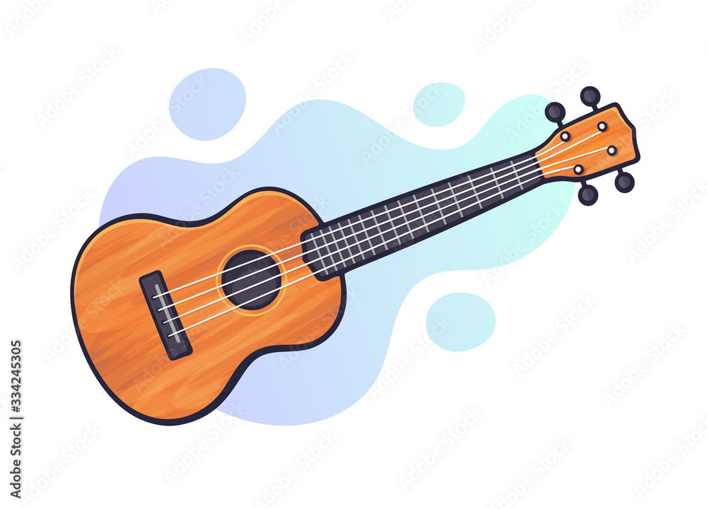 Obraz premium Vector illustration. Classical acoustic guitar or ukulele. String plucked musical instrument. Blues or rock equipment. Clip art with contour for graphic design. Isolated on white background