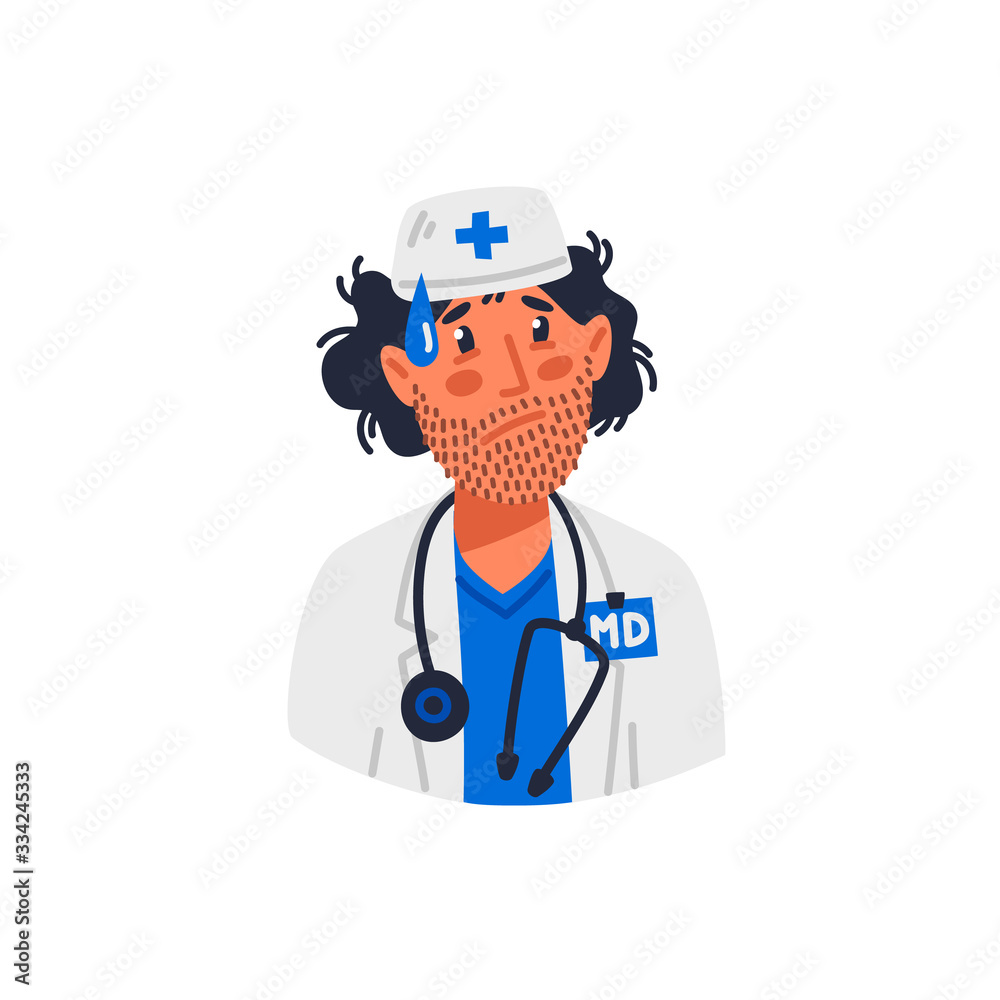 Doctor. Tired doctor in medical gownwith Stubble on face. Medical team in conditions of coronavirus pandemic, covd-19 quarantine. Flat style vector illustration. Doctor. Tired doctor in medical gownwith Stubble on face. Medical team in conditions of coronavirus pandemic, covd-19 quarantine. Flat style vector illustration.