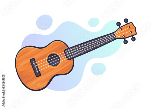 Vector illustration. Classical acoustic guitar or ukulele. String plucked musical instrument. Blues or rock equipment. Clip art with contour for graphic design. Isolated on white background