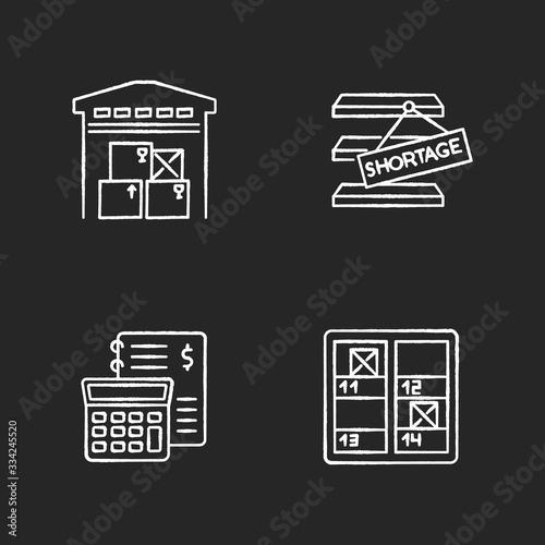 Warehouse management chalk white icons set on black background. Goods counting, shortage identification, financial bookkeeping. Storekeeping, storage control. Isolated vector chalkboard illustrations photo