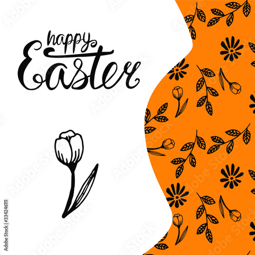 Greeting card, Happy Easter greetings with floral ornaments on an orange background, lettering