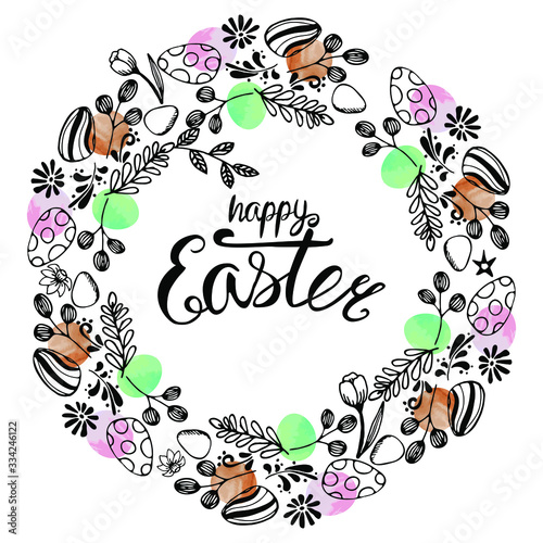 round frame, wreath with an ornament of Easter eggs, leaves and branches. Drawn in ink in the style of doodle, zenart, decorated with watercolor stains of turquoise and orange