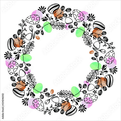 round frame, wreath with an ornament of Easter eggs, leaves and branches. Drawn in ink in the style of doodle, zenart, decorated with watercolor stains of turquoise and orange