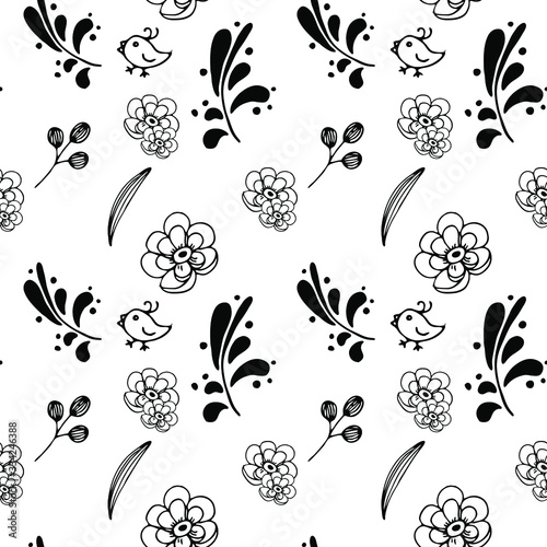 Seamless pattern of eggs and plant elements, hand-drawn in ink, decorated with watercolor blots