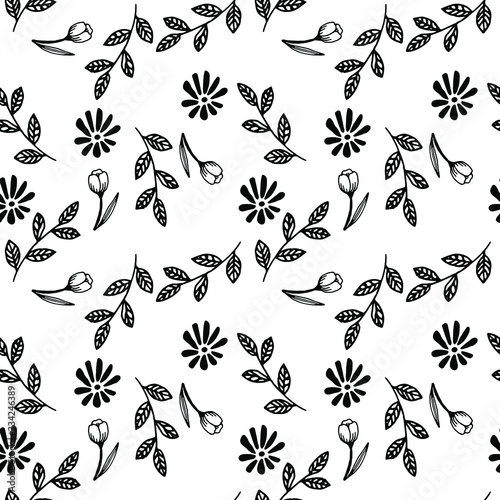 Seamless pattern of eggs and plant elements, hand-drawn in ink, decorated with watercolor blots