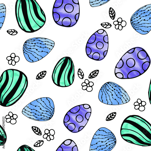 Seamless pattern of eggs and plant elements, hand-drawn in ink, decorated with watercolor blots