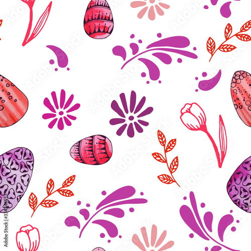 Seamless pattern of eggs and plant elements, hand-drawn in ink, decorated with watercolor blots