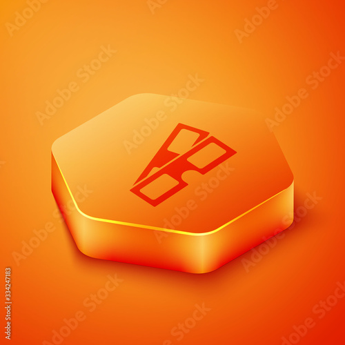 Isometric 3D cinema glasses icon isolated on orange background. Orange hexagon button. Vector Illustration