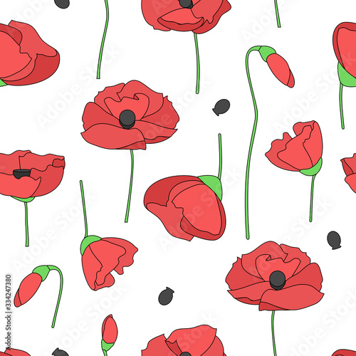Seamless pattern with poppy flowers on a white background.