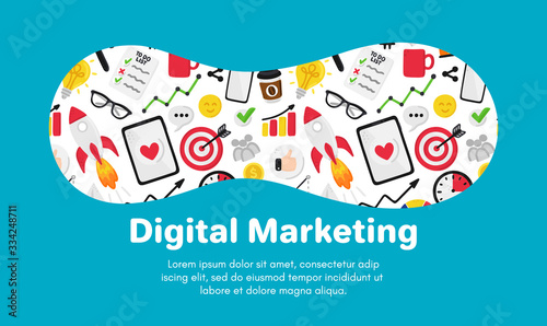 Vector background with smm elements. Social Media Marketing. Reach and promotion among target audience. Landing page, banner, mailing, presentation, header. Advertising for marketers, digital agency