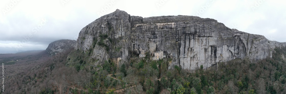Aerial view of the Grotto of Maria Magdalena in France, Plan D'Aups, the massif St.Baum, holy fragrance, famous place among religious believers, the Monastery of Dominican Friars