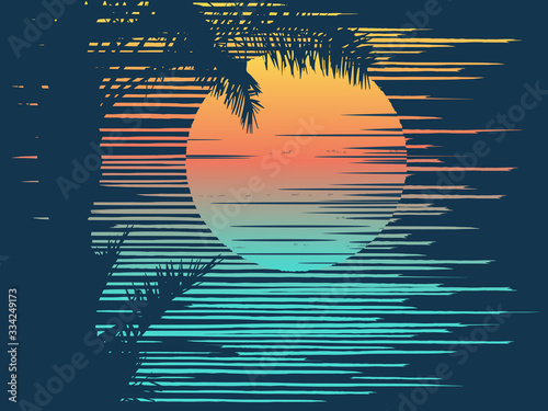 Sunset on tropical beach with palm tree. Sun over evening sea.