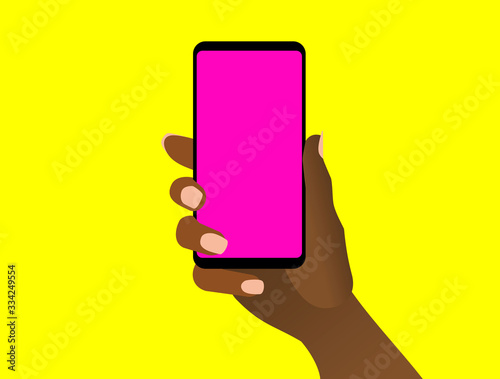 Female hand shows smartphone with blank green display. Woman hold cell phone in arm. Presentation template for mobile application or service. Isolated flat design closeup. Vector EPS8 illustration.