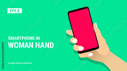 Female hand shows smartphone with blank red display. Woman hold cell phone in arm. Presentation template for mobile application or service. Touch screen gadget flat design. Vector EPS8 illustration.