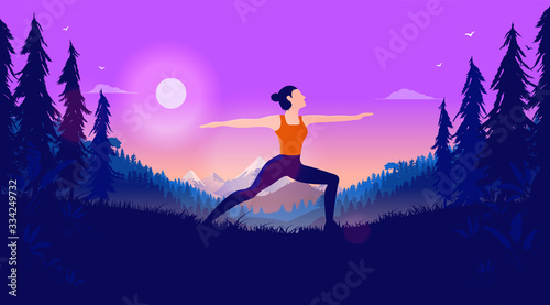 Yoga outdoors - Woman standing in the warrior pose outside in a beautiful landscape. Forest and mountain view, evening, and sunset in a purple sky. Vector illustration.