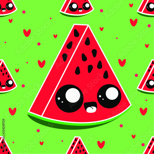 Cute watermalon seamless pattern for textile, wrapping, wallpapers, etc. Sweet red ripe watermalons on red, green block background. Vector illustration. photo