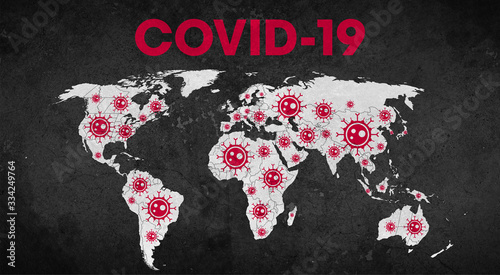 World map on black grunge background with title Covid-19 - global pandemic of Covid-19 coronavirus
