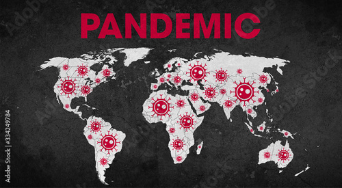 World map on black grunge background with title Pandemic - global pandemic of Covid-19 coronavirus