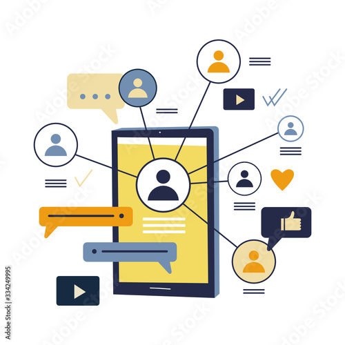 Social distancing with social media. People in many countries were quarantine with COVID-19 pandemic disease. Design of chatting people in smartphones. Online dating or social networking concept.