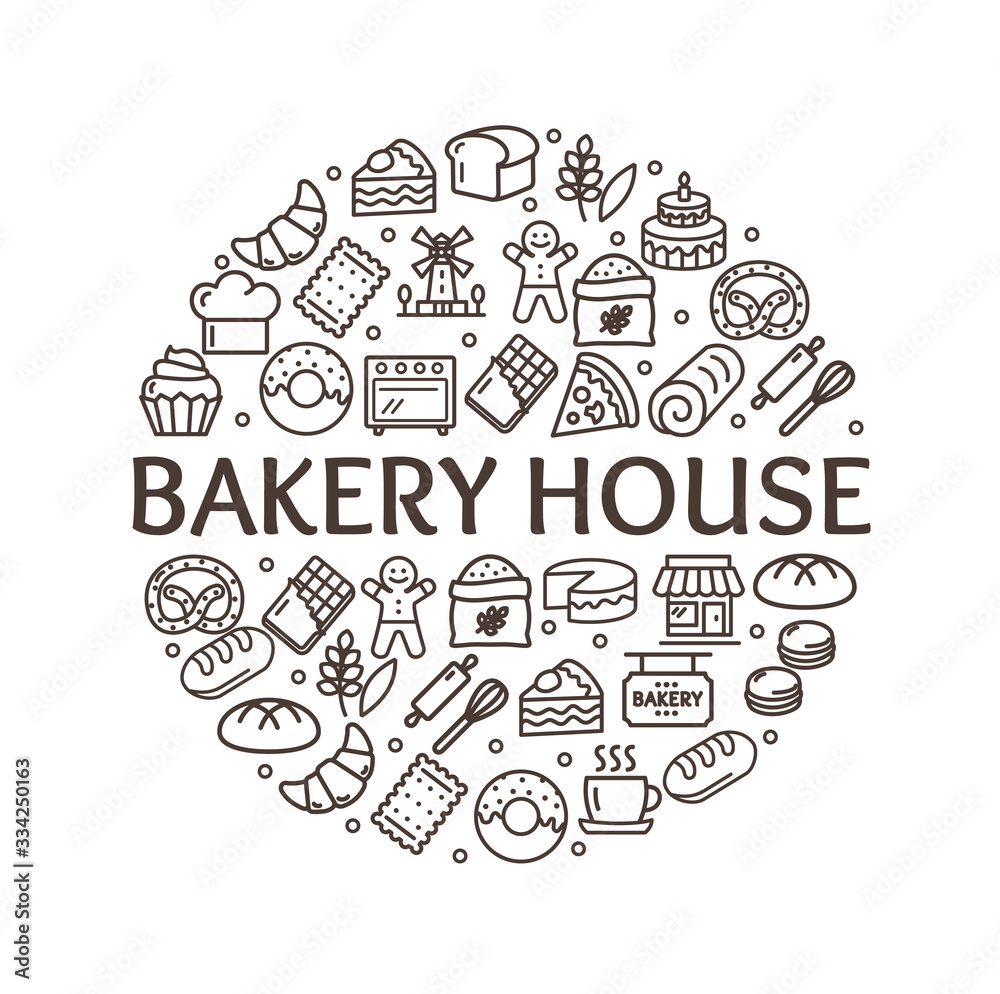 Bakery Signs Round Design Template Thin Line Icon Concept. Vector